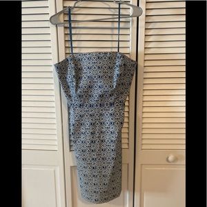 Navy & grey patterned strapless cocktail dress
